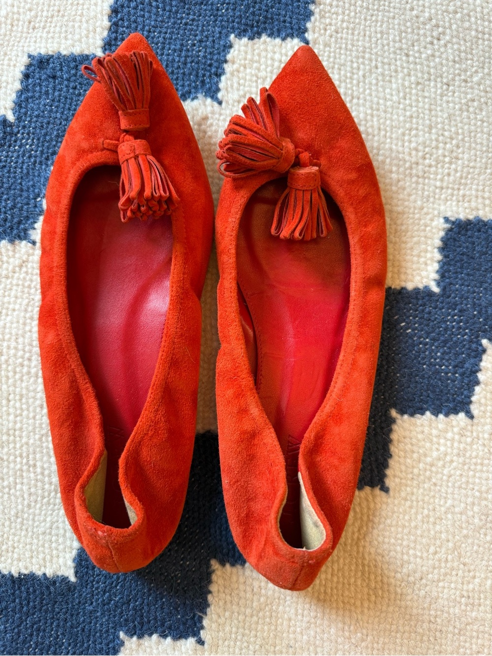 J. Crew Orangey Red Suede Pointed Tassel Ballet Flats